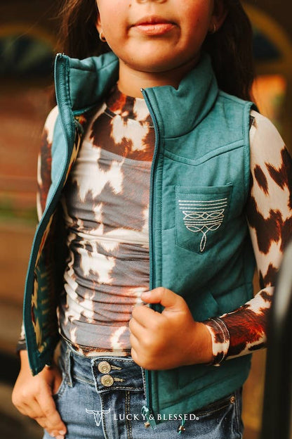 Girls Jade Puffer W Aztec Lining Boot Stitch Detail Vest