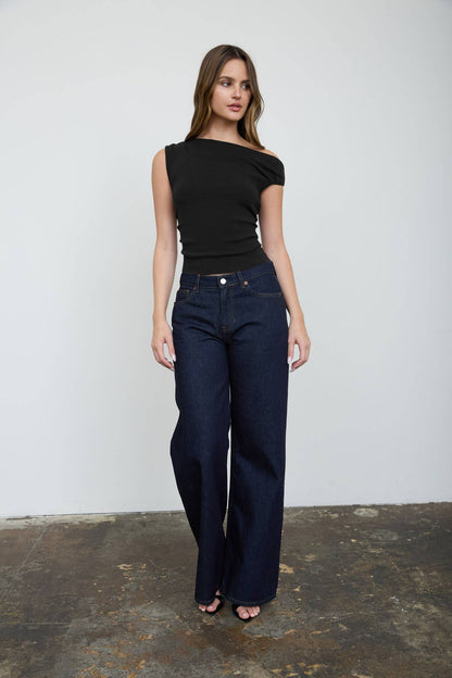 Asymmetric Boat Neck Fitted Knit Top