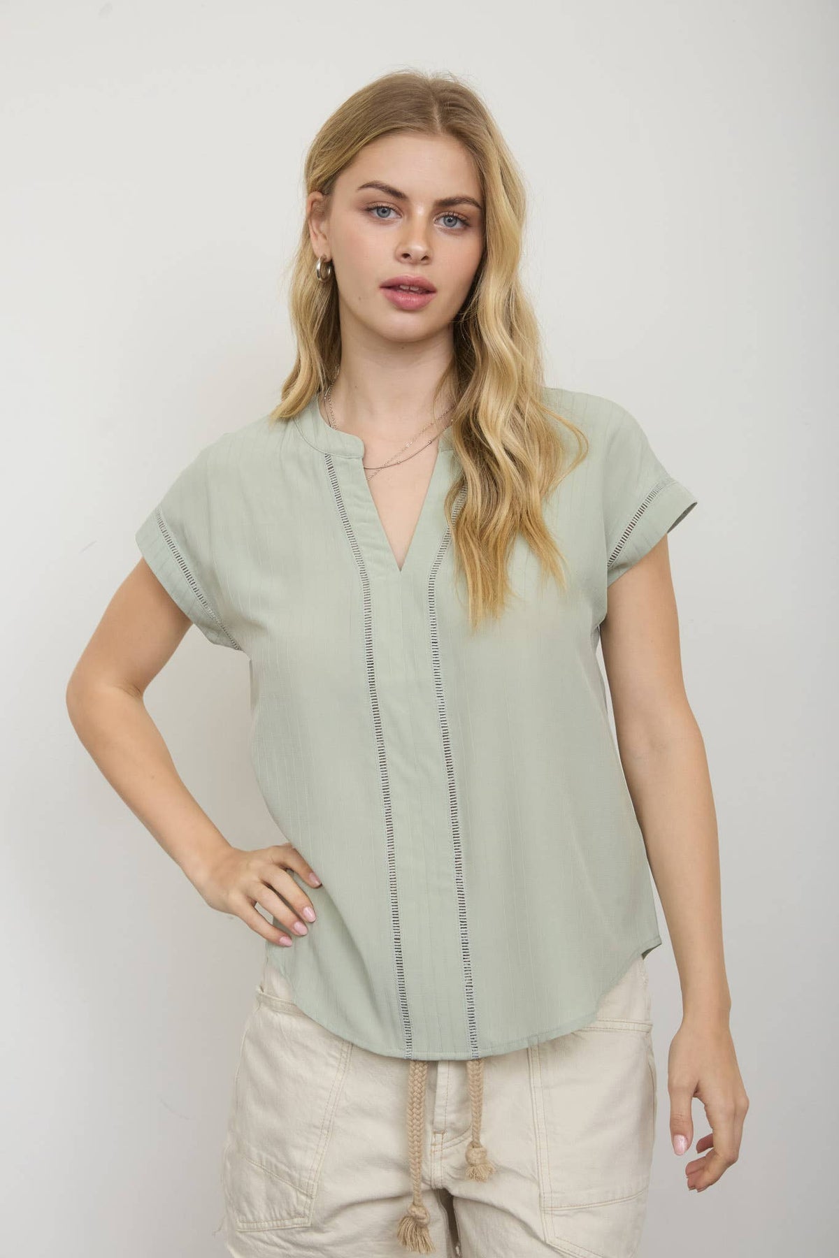 Ladder Lace Trim Split Neck Top