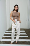 Boat Neck Sleeveless Ruched Knit Top