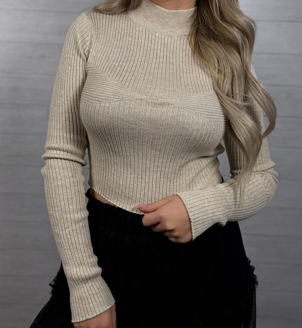 MOCK NECK ASYMMETRICAL RIB KNIT TOP