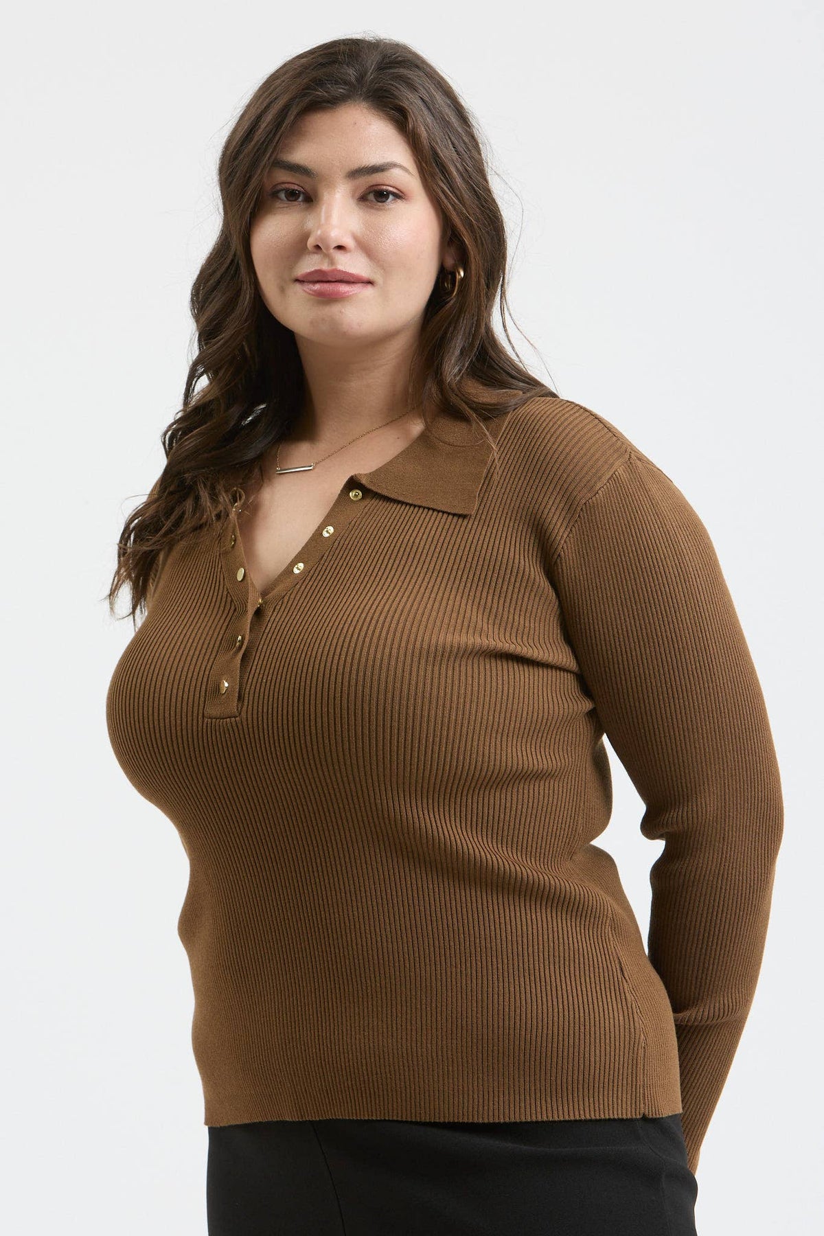 Plus Collard Gold Snap Long Sleeve