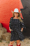 Plus Size Black Aztec Printed Pleated Square Neckline Dress