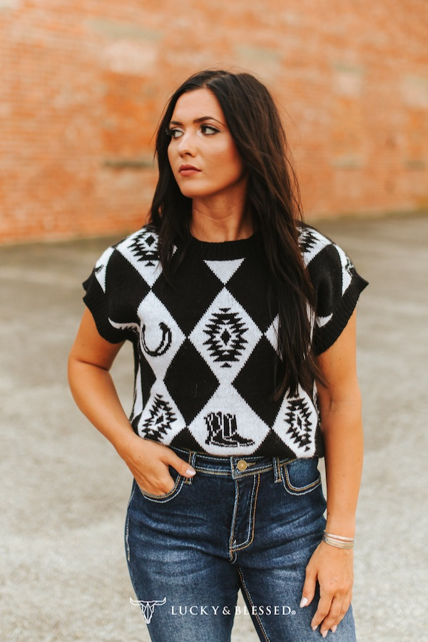 Black Checkered Knit Western Sweater Top
