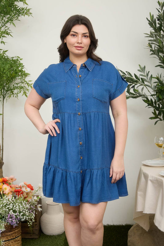 Plus Dark Chambray Collared Button Down Shirt Dress