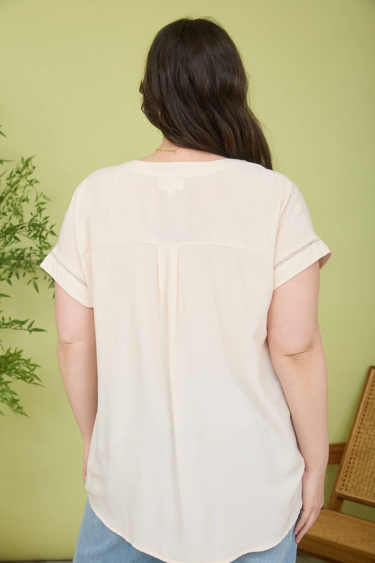 Plus Ladder Lace Trim Split Neck Short Sleeve Top