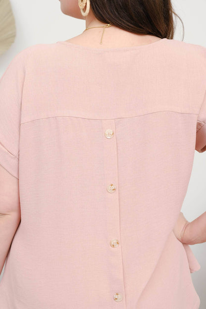Plus Sprit Neck Back Button Short Sleeve Top