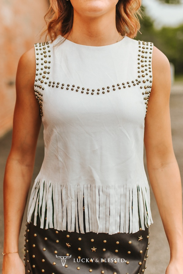 Ivory Studded Fringe Hem Sleeveless Top