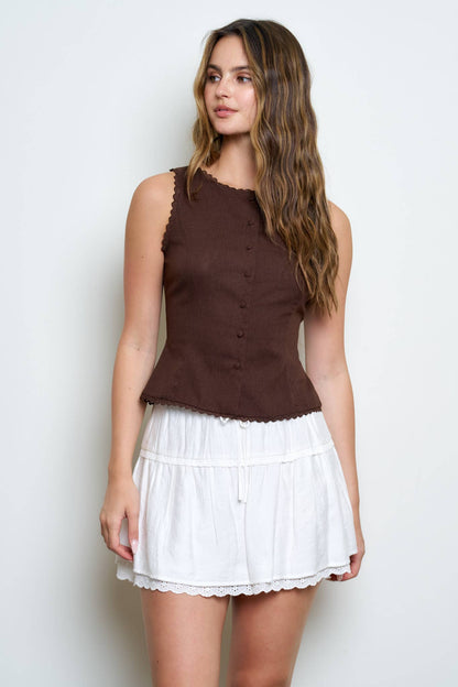 Scallop Lace Trim Button Down Vest Top