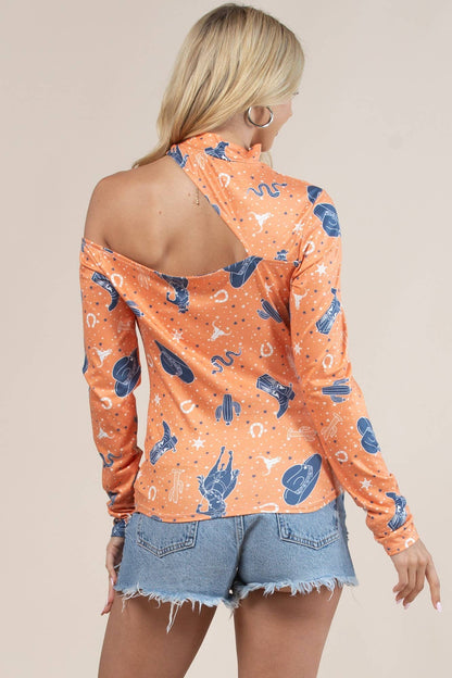 Western Cowboy Print Cut Off Mock Neck Top
