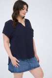 Plus Sprit Neck Back Button Short Sleeve Top