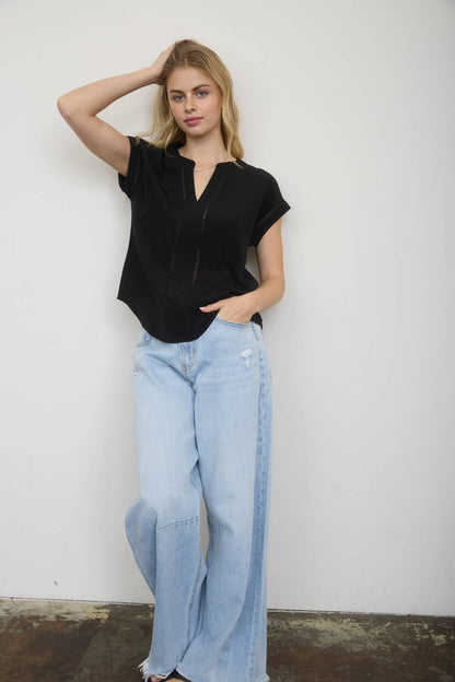 Ladder Lace Trim Split Neck Top