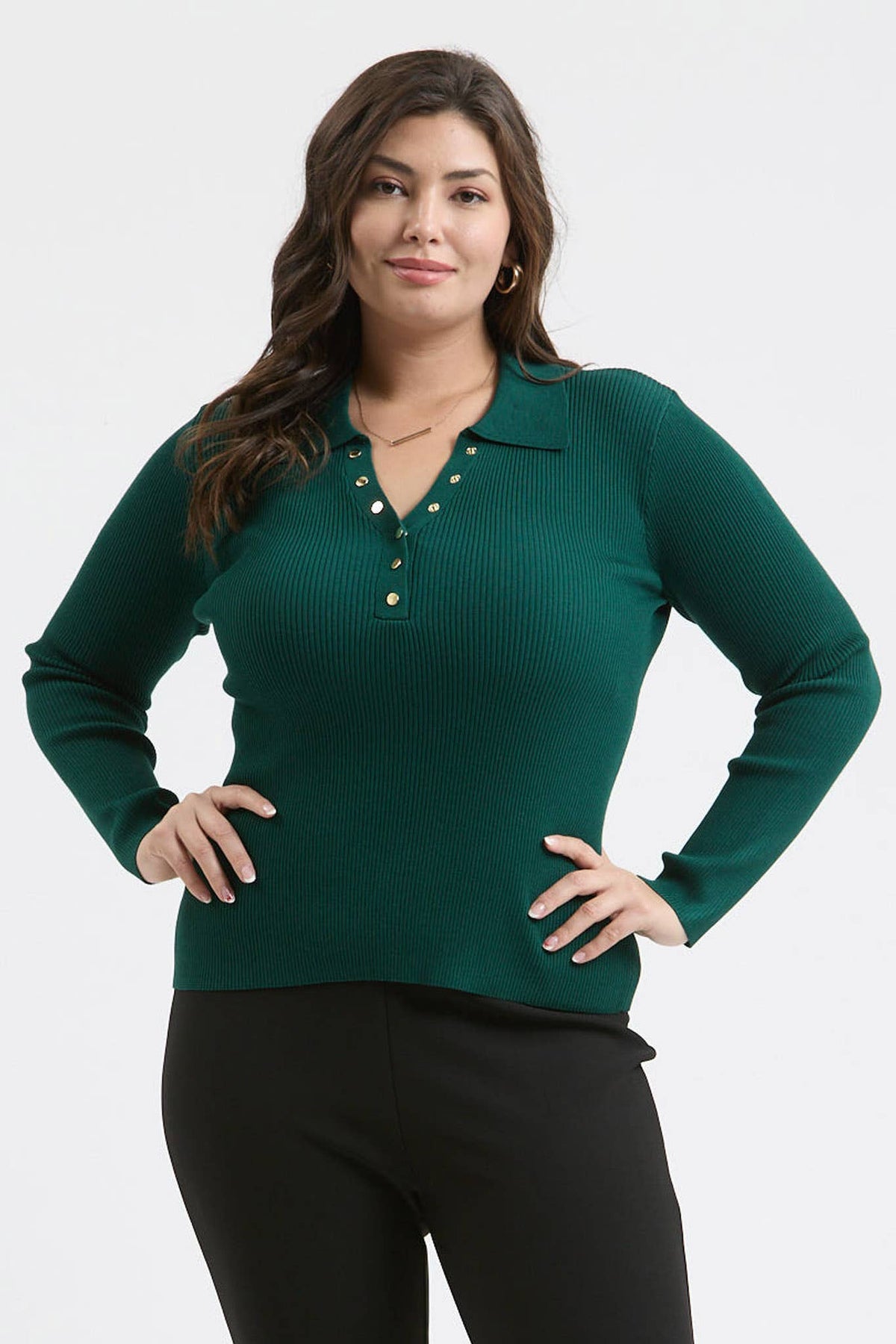 Plus Collard Gold Snap Long Sleeve