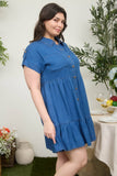Plus Dark Chambray Collared Button Down Shirt Dress