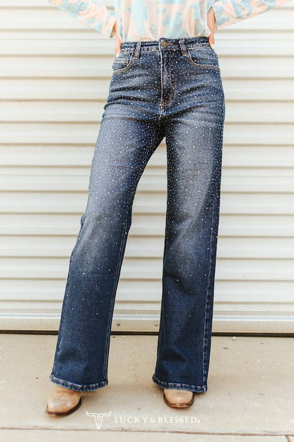 Mid Wash Studded Mid Rise Western Flare Jeans