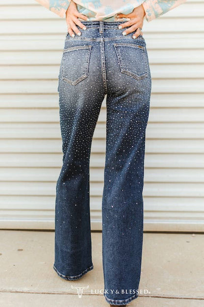 Mid Wash Studded Mid Rise Western Flare Jeans