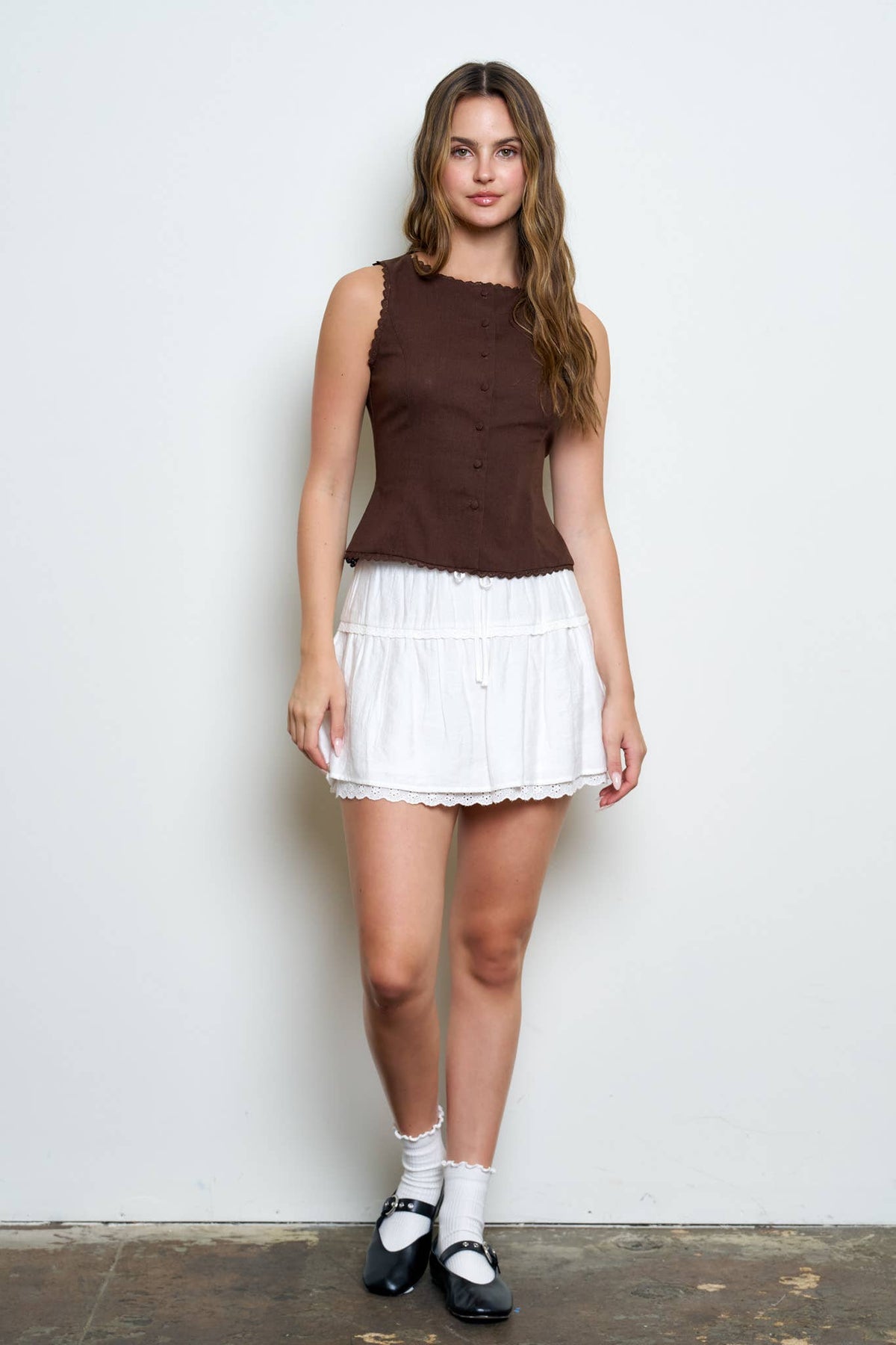Scallop Lace Trim Button Down Vest Top