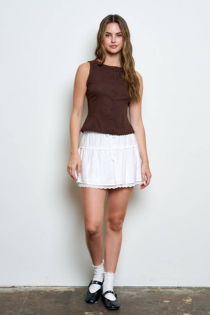 Scallop Lace Trim Button Down Vest Top