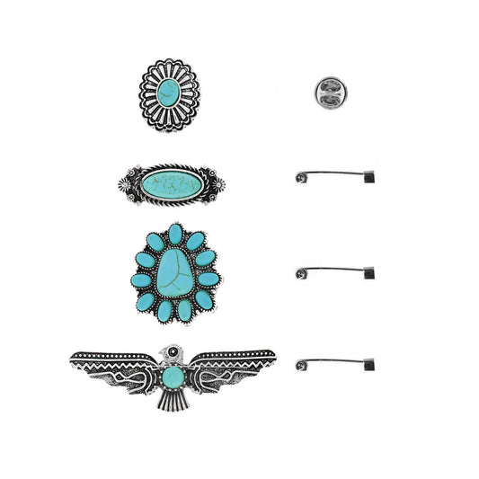 Western Theme Semi Stone 4 Piece Assorted Brooch Pin Set