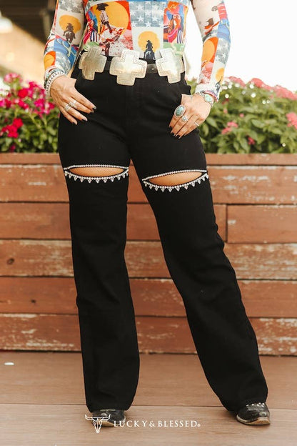 Black Thigh Cut Out Straight Trouser Jeans Inseam 32"