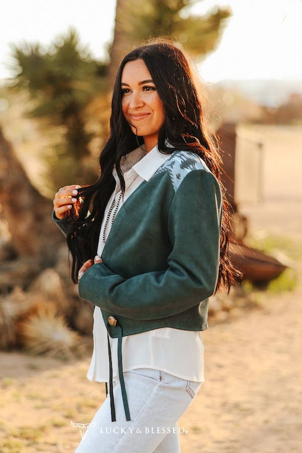 Teal Suede Aztec Detail Yoke Front Tassel Jacket