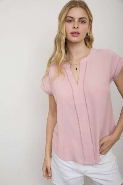 Ladder Lace Trim Split Neck Top