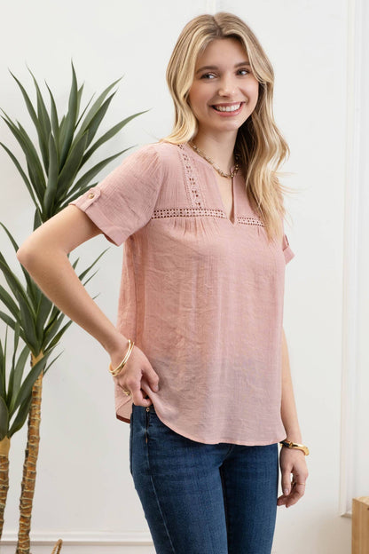 Short Sleeve Lace Trim Blouse
