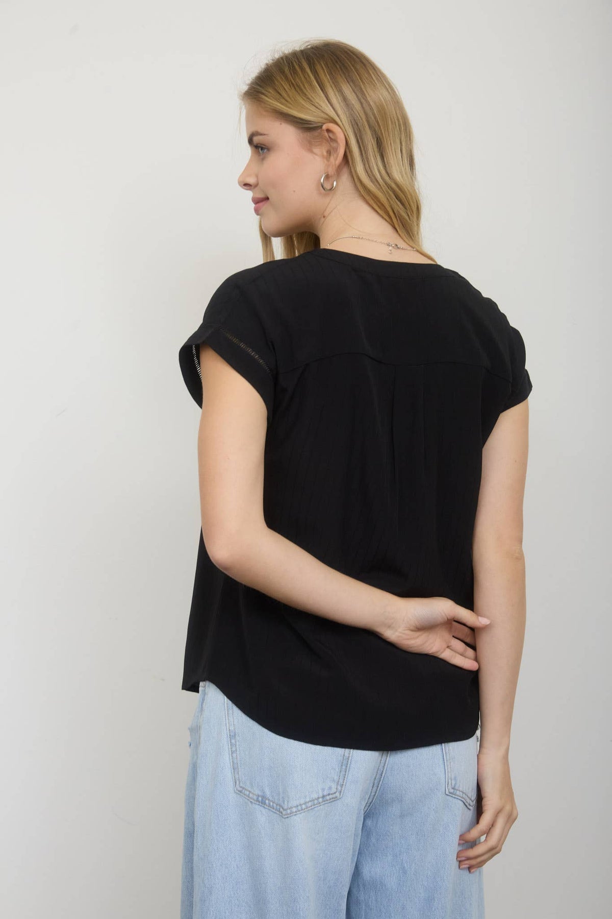 Ladder Lace Trim Split Neck Top