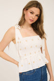 Daisy Embroidery Smocked Tie Strap Top