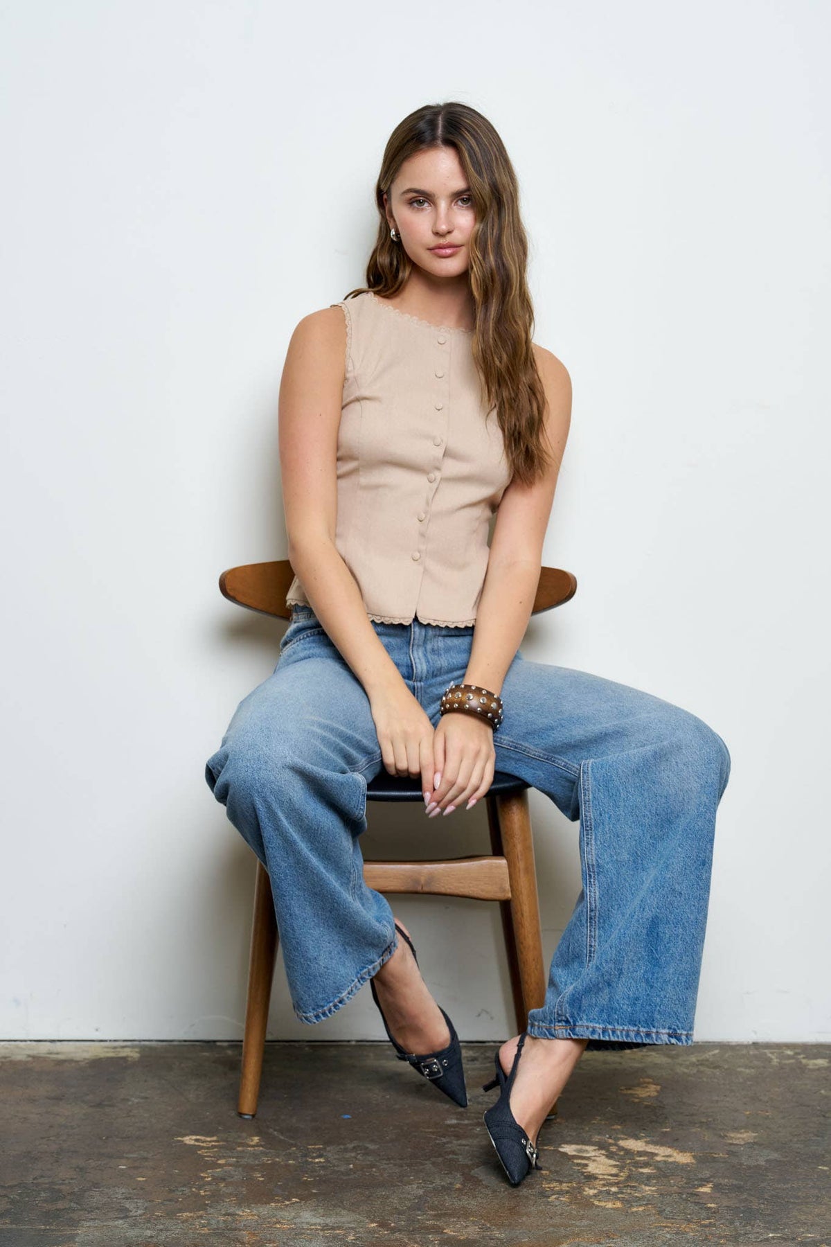 Scallop Lace Trim Button Down Vest Top