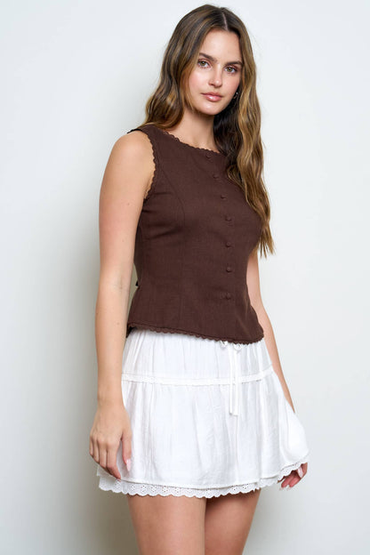Scallop Lace Trim Button Down Vest Top