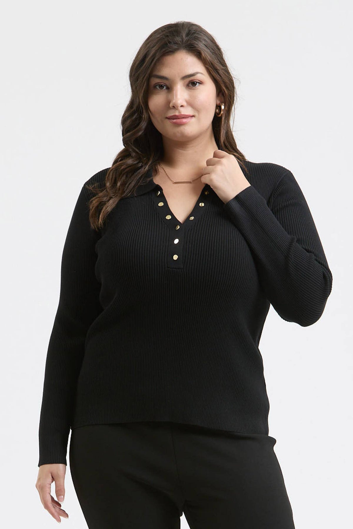 Plus Collard Gold Snap Long Sleeve