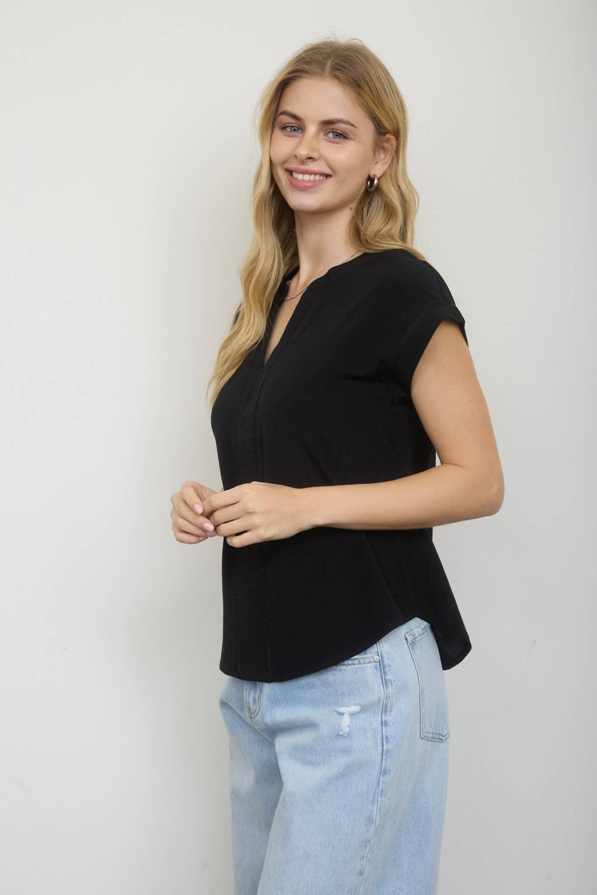 Ladder Lace Trim Split Neck Top
