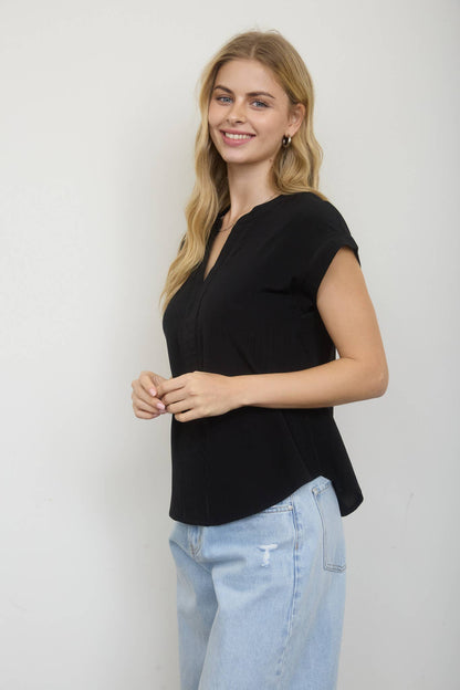 Ladder Lace Trim Split Neck Top