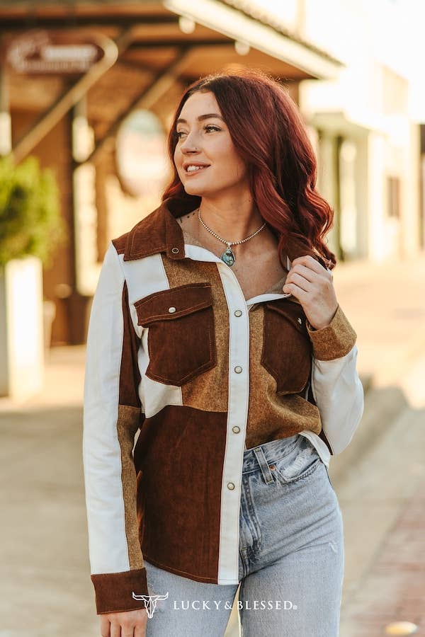 Multi Fabric Patchwork Denim Pearl Snap Western Shirt