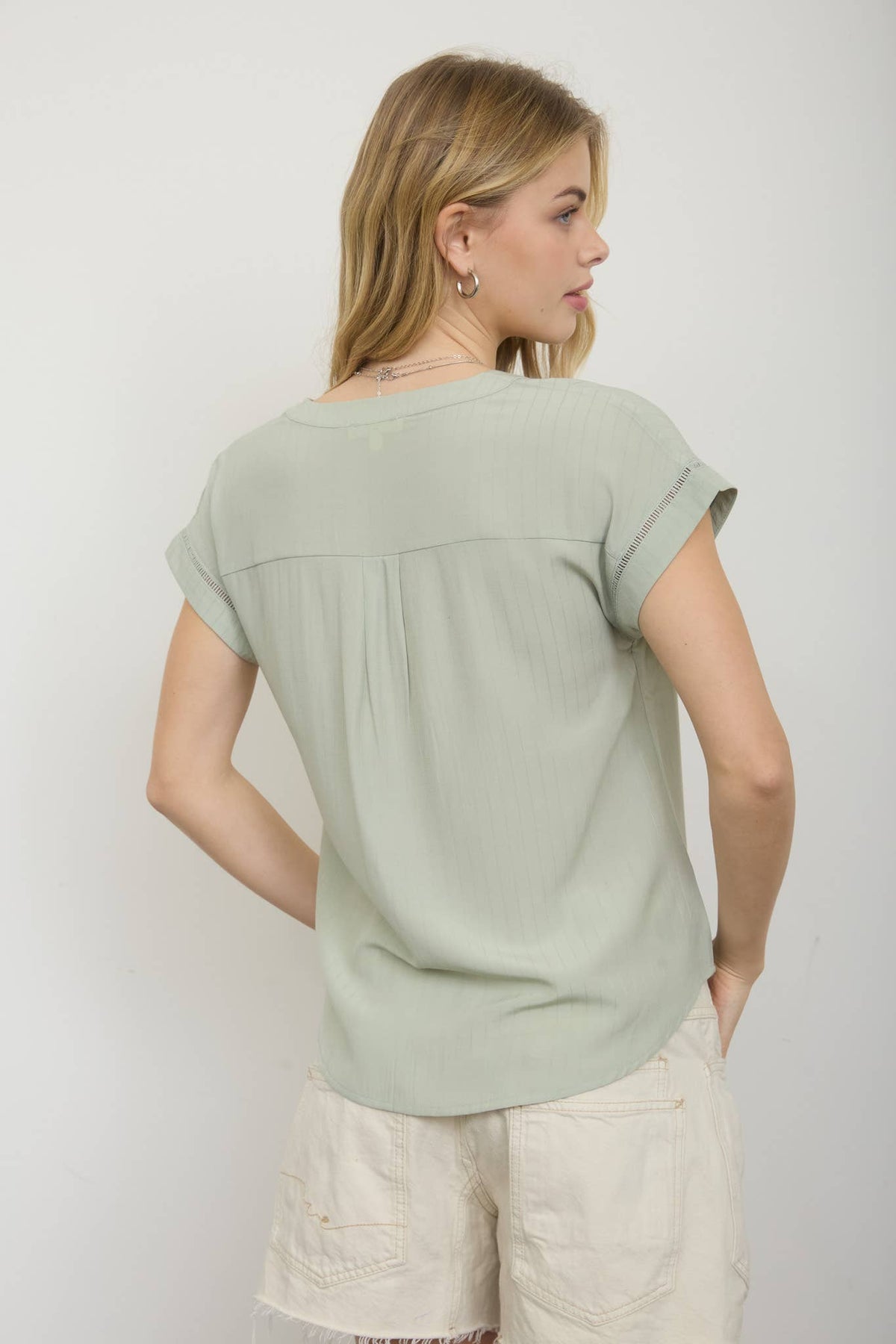 Ladder Lace Trim Split Neck Top