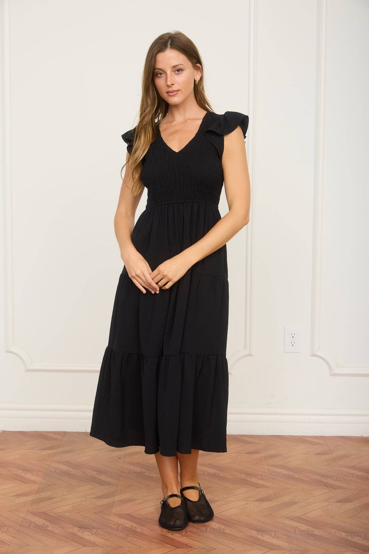 Flutter Sleeve V Neck Smocked Midi Dress