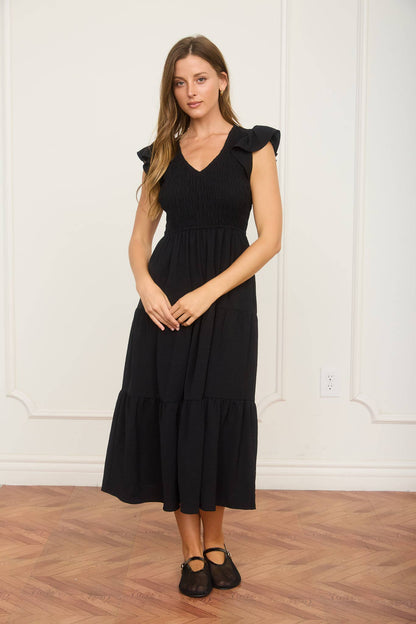 Flutter Sleeve V Neck Smocked Midi Dress