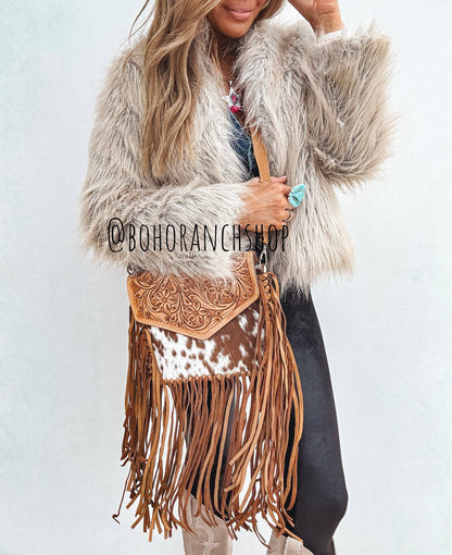 Western Leather Cowhide Fringe Tassel Clutch Crossbody