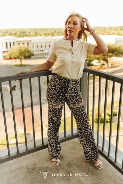 Leopard Thigh Cut Out Straight Trouser Jeans Inseam 32"