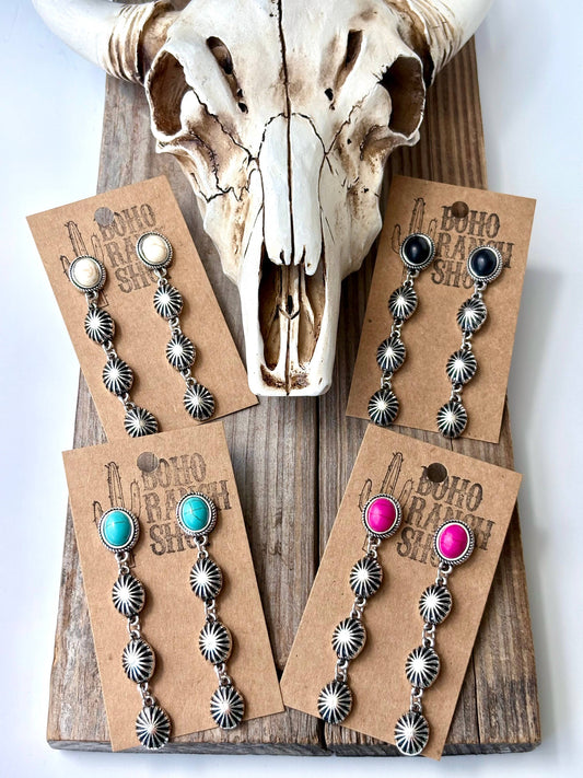 4 Tier Western Concho & Oval Stone Post Drop Earrings