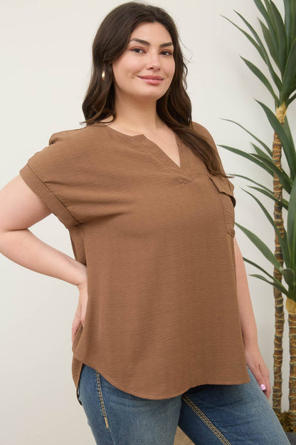 Plus Sprit Neck Back Button Short Sleeve Top