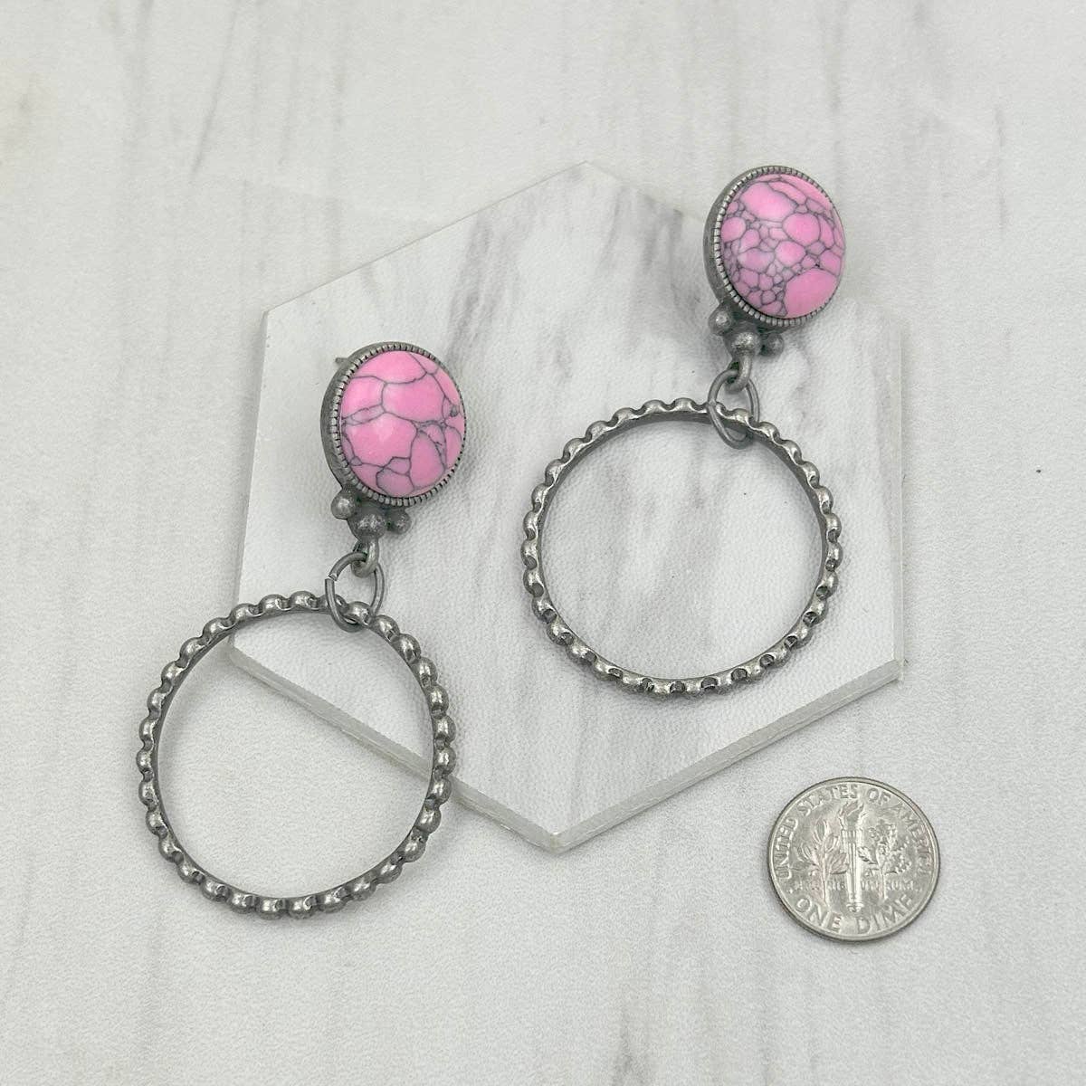 Silver Metal Circle Stone Earrings