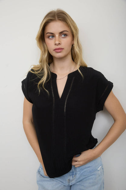 Ladder Lace Trim Split Neck Top