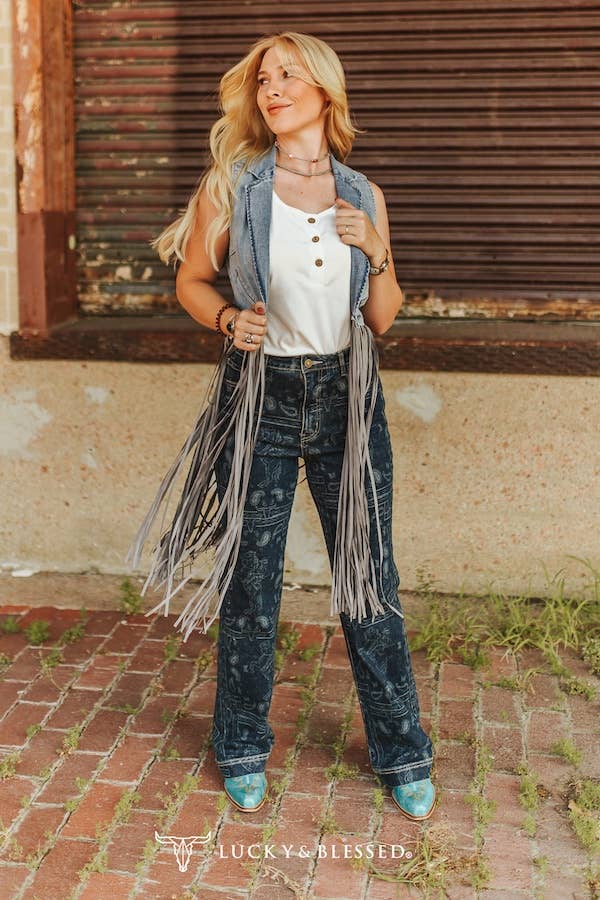 Stone Wash Denim Fringe Denim Vest