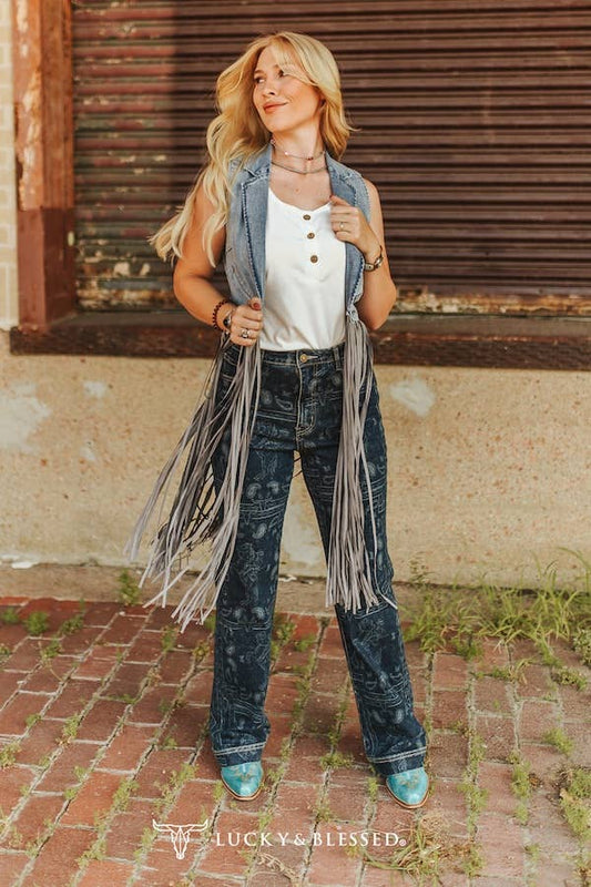 Stone Wash Denim Fringe Denim Vest
