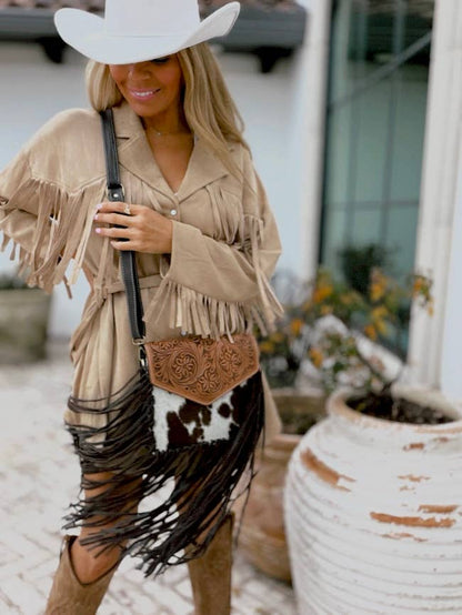 Western Leather Cowhide Fringe Tassel Clutch Crossbody