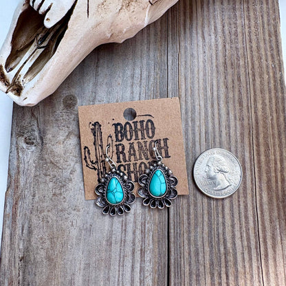 Western Teardrop Concho Turquoise Stone Dangle Earrings