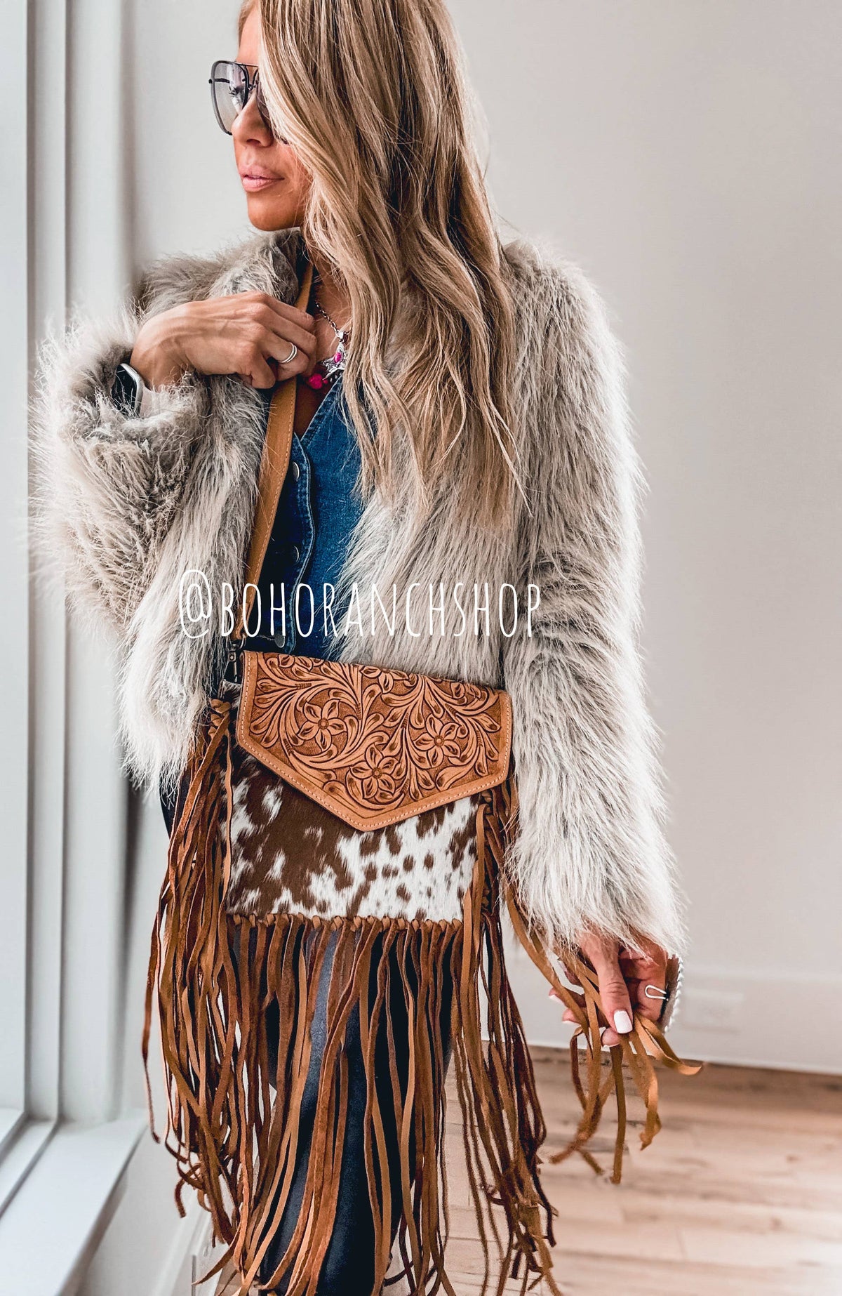 Western Leather Cowhide Fringe Tassel Clutch Crossbody