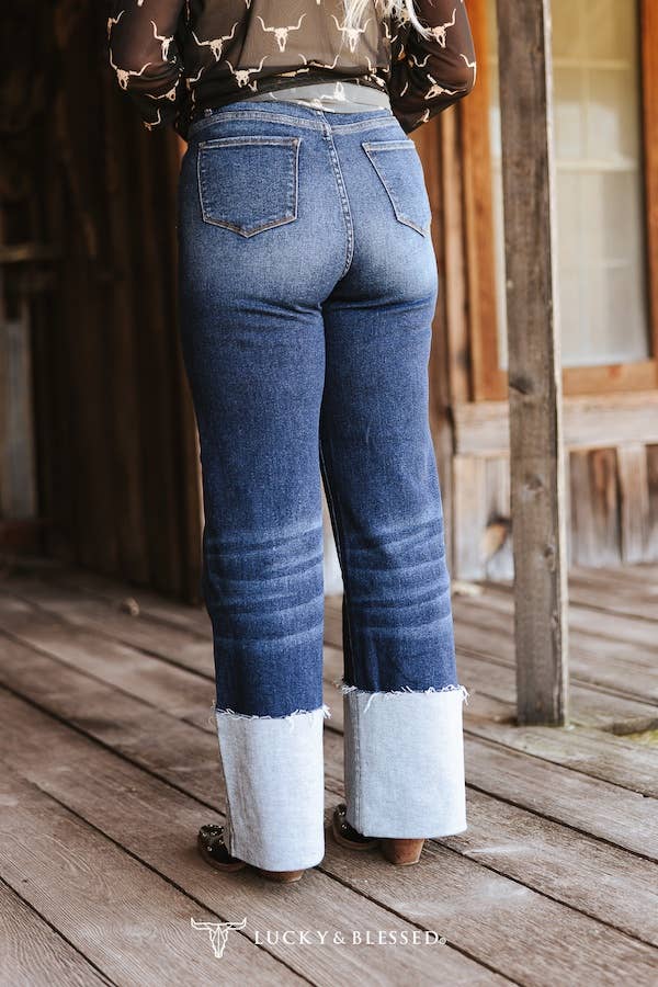 Plus Size Dark Wash High Rise Cuffed Wide Leg Jeans